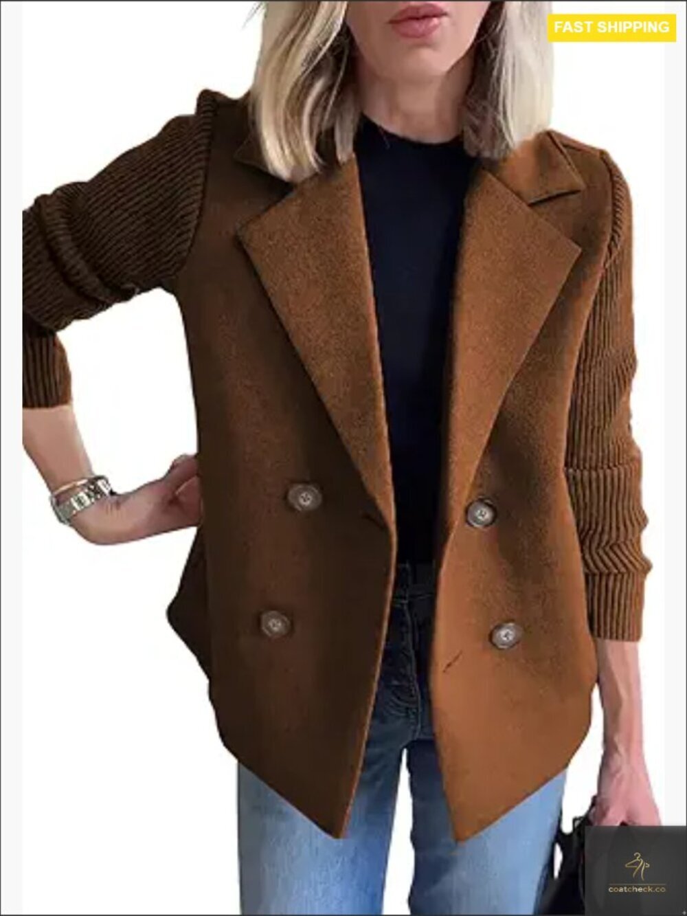 Double Breasted Wool Pea Coat Notched Lapel Ribbed Knit Blazer Jacket Chic